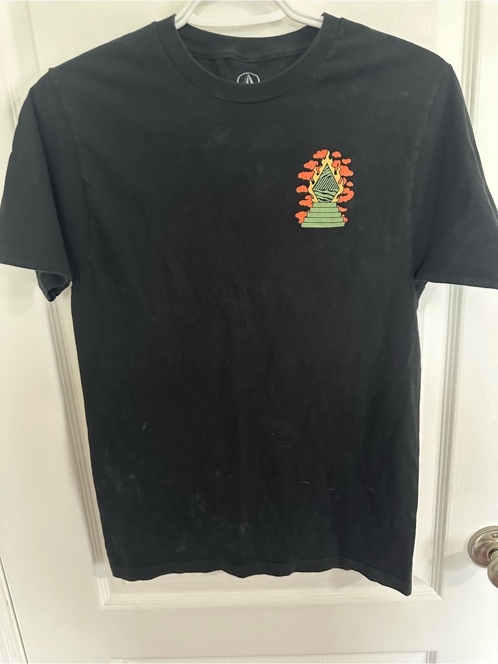 Volcom Black Short-Sleeve Tee with Orange & Green Chest Graphic